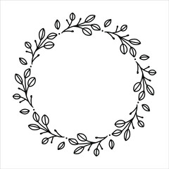 Vector hand drawn spring wreath isolated on white background. Outline circle of leaves. Doodle style. Floral frame.