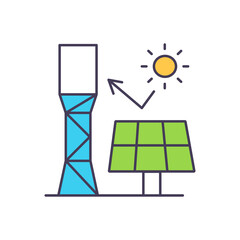 Rays of sun hitting solar panel RGB color icon. Energy storage and conversion to electricity. Arrays of photovoltaic system supplying solar electric to electrical tool. Isolated vector illustration