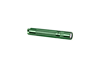 Modern green metal flashlight isolated on white back.