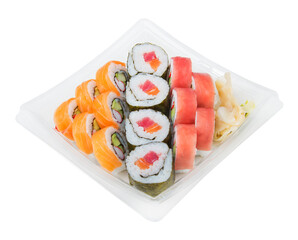 Sushi rolls with salmon and tuna isolated on white background