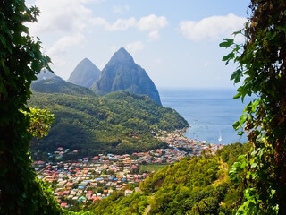 Top view of the town of Soufriere and Pitons St. Lucia - obrazy, fototapety, plakaty