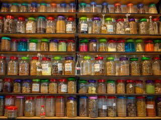 Fototapeta na wymiar Colorful pattern of jars on shelves in a store in Meknes, Morocco.