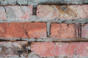 Old background with rough red bricks, grunge rough wall surface, dirty weathered blank lettering template design.