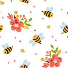 Fototapeta na wymiar Honey Bee kids seamless pattern, cute bumble bee digital paper, cartoon insects and summer flowers, nursery seamless background for baby textile, scrapbooking, wrapping paper, wallpaper