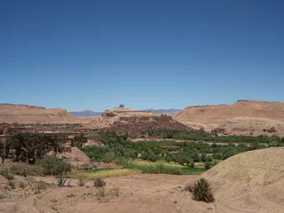 Foto op Plexiglas Amazing overview of Ait Benhaddou, with ochre color of the village merging into the landscape and a green vegetation on the foreground, Morocco. © JoaLacerda