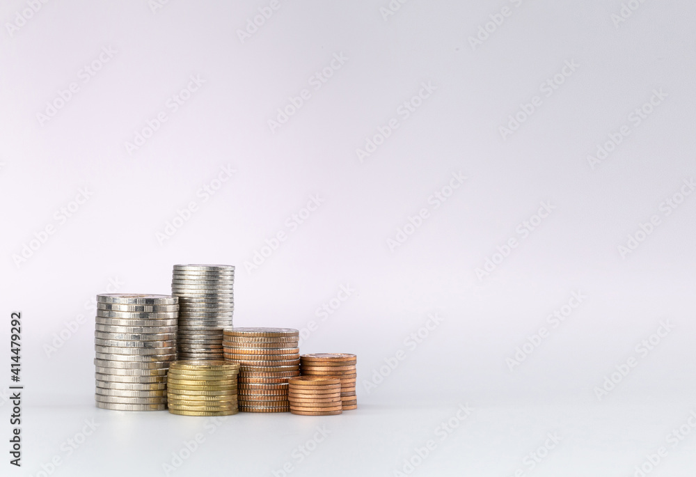 Wall mural stack of thai coin like income graph. coins arranged as a graph isolated on white background.