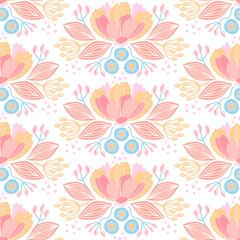 Hand-drawn seamless pattern with flowers. Colorful floral illustration for paper, gift wrap, wallpapers, fabric, textile design. 
