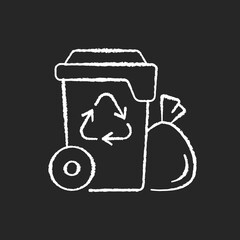 Residential waste collection chalk white icon on black background. Garbage pickup from home. Household waste. Residential services. Disposing solid refuse. Isolated vector chalkboard illustration