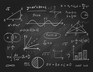 Fototapeta na wymiar School blackboard. Vector illustration of math chalkboard with formula, calculation, geometrical plots and equation. Mathematics, algebra, physics functions on black chalkboard. Scientific formula