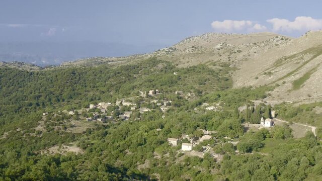 Old Perithia abandoned village in Corfu, Greece. Ghost village, drone footage, aerial, landscape, mountains, panorama. Drone Video Footage 4K #2