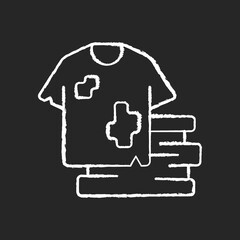 Textile waste chalk white icon on black background. Clothing, footwear. Fashion and textile industry refuse. Post-consumer waste. Clothing production. Isolated vector chalkboard illustration