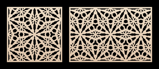 Laser cut pattern. Vector design with abstract geometric ornament, floral grid, lattice, snowflakes. Template for cnc cutting, decorative panels of wood, metal, paper, plastic. Aspect ratio 1:1, 3:2