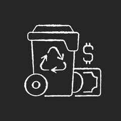 Waste management cost chalk white icon on black background. Recycling waste costs. Source reduction. Financing and services. Ecological refuse managing. Isolated vector chalkboard illustration