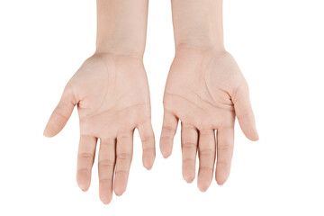 female hands with a purple manicure on a white background