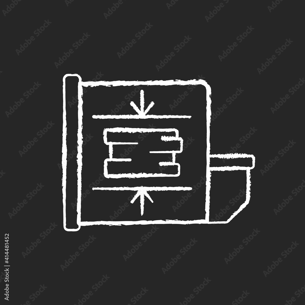 Poster trash compactor chalk white icon on black background. mechanism for reducing material size. processi