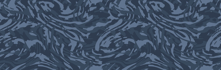 Stylish zebra pattern camouflage, modern fashion design. Grunge camo military uniform. Blue navy sea shade color, fashionable, fabric. Vector seamless texture. - obrazy, fototapety, plakaty