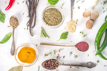 Fototapeta na wymiar Fresh herbs, dried colorful spices. Cooking background flatlay with variety spices, herbs pepper, vanilla bean, cinnamon, basil, rosemary, chilli red green peppers, mint, parsley White table top view