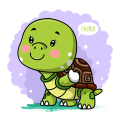 Greeting card cute cartoon turtle on white background