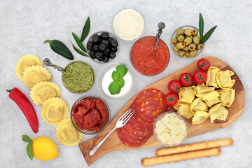 Healthy Italian lunch with a collection of typically Mediterranean health foods. High in protein,...