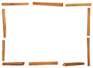 Frame of aromatic cinnamon sticks on white background, top view