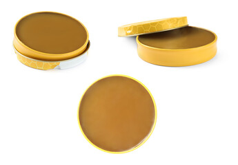 Set of wax polish on white background. Shoe care item