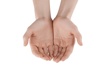 skinny female hands without manicure on a white background