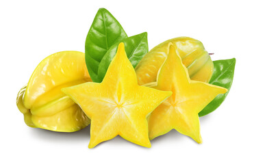 Delicious ripe carambola fruits on white background
