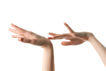skinny female hands without manicure on a white background