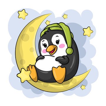 Cute Cartoon penguin is sitting on the moon