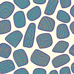 vector green and orange in blue outline ethnic freeform seamless pattern on white