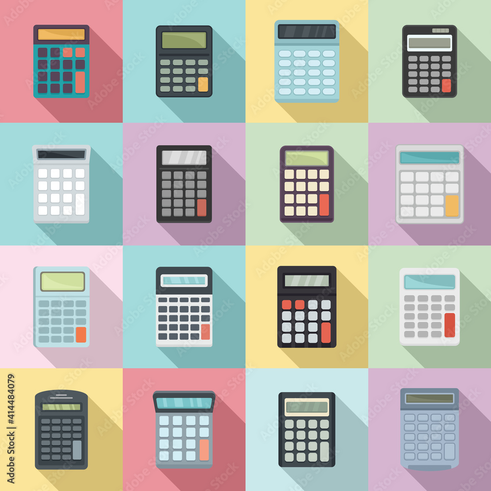 Poster calculator icons set. flat set of calculator vector icons for web design