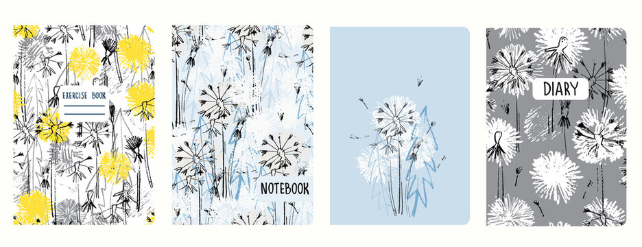 Set of cover page templates with dandelions. Based on seamless patterns. Headers isolated and replaceable. Perfect for school notebooks, diaries