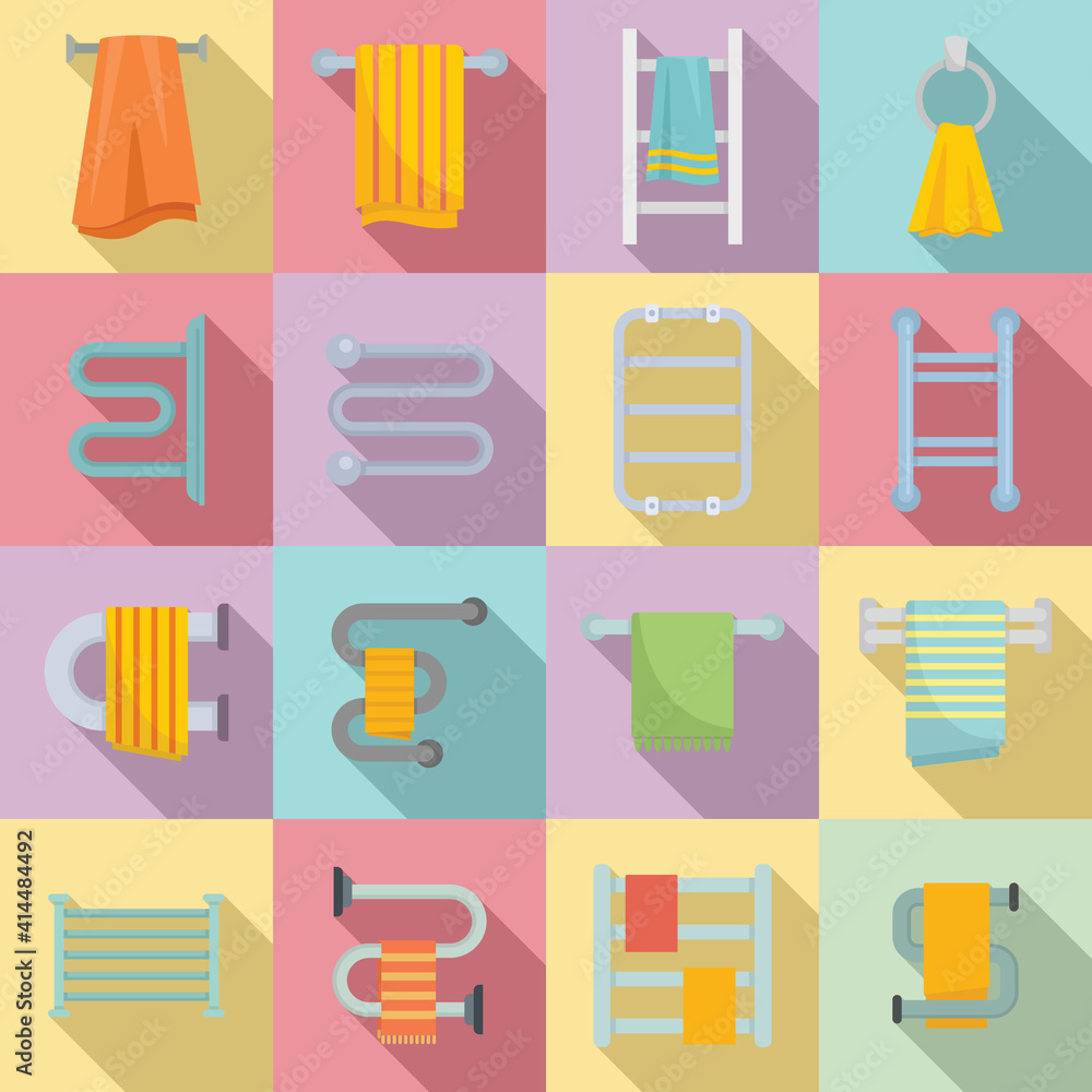 Aufkleber heated towel rail icons set. flat set of heated towel rail vector icons for web design