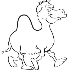 Black and white illustration of a smiling camel walking.