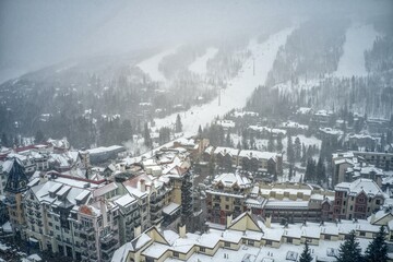 Aerial View of World Famous Vail, Colorado during an unexpected snowstorm