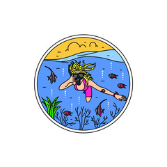 Colorful beauty blonde in underwater wearing snorkel mask logo design vector illustration