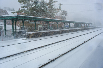 Irvington Train Station during a snowstorm in Irvington, NY