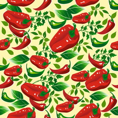 Seamless pattern with red peppers, paprika and herbs. Vector illustration.
