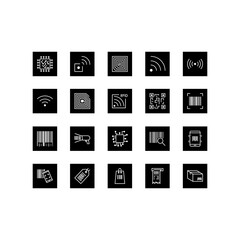 Set of QR Code, barecode vector line icons. Contains icons such as wireless RFID chip and radio-frequency identificationscanner, package code, barcode and more