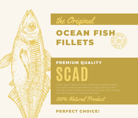 Premium Quality Fish Fillets. Abstract Vector Fish Packaging Design or Label. Modern Typography and Hand Drawn Atlantic Scad Silhouette Background Layout