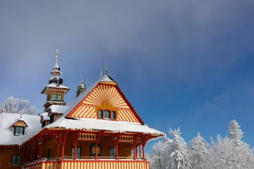 Foto op Aluminium Pustevny, Beskids mountains, Czech republic / Czechia - rustic architecture. Colorful wooden building made of wood. Buliding in the winter. Distinctive composition with large copy space. © M-SUR
