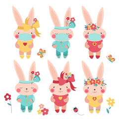 Rabbits in a medical mask with flowers. Funny hares. Spring and summer holidays.