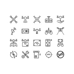 Drone icon or UAV icon. Including with Fast Delivery, Remote Controller, Propeller, City Maps Navigation, Action Camera, Radar Screen, Radio Antenna and more. Editable Strokes