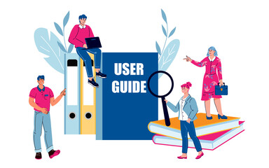 Tiny people with user guide instruction, cartoon flat vector illustration isolated. User manual, guidebook or guidance banner design with cartoon people.