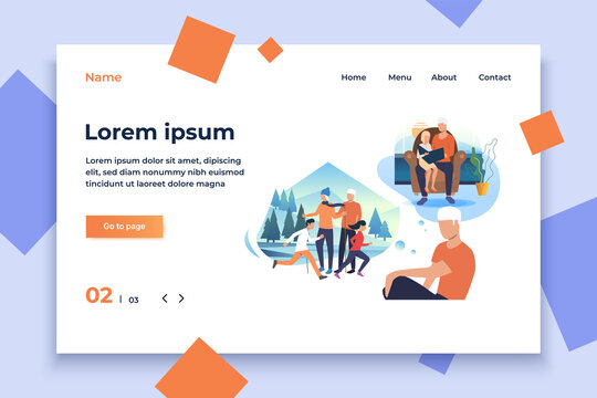 Set of young man thinking about vacation with family. Male cartoon character and his memories about time with kids. Can be used for visualization, promo, family magazine