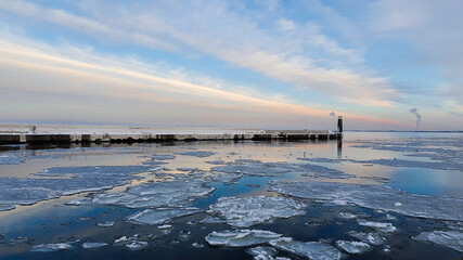 Amazing pink blue white sky above the bay in the city of Gdynia, Poland