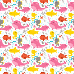 Sea animals hand drawn seamless pattern. Marine life. Ocean wildlife.