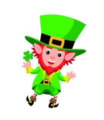 Cute cartoon style illustration of leprechaun holding a shamrock