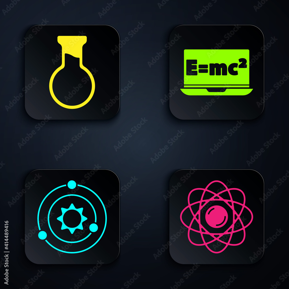 Poster set atom, test tube and flask, solar system and equation solution. black square button. vector.