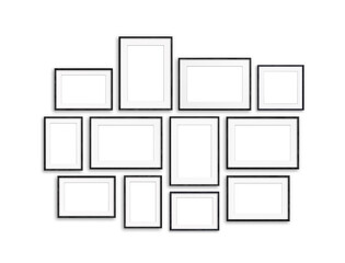 Black frames collection, twelve blank frameworks set isolated on white wall, interior decor mock up, 3d illustration